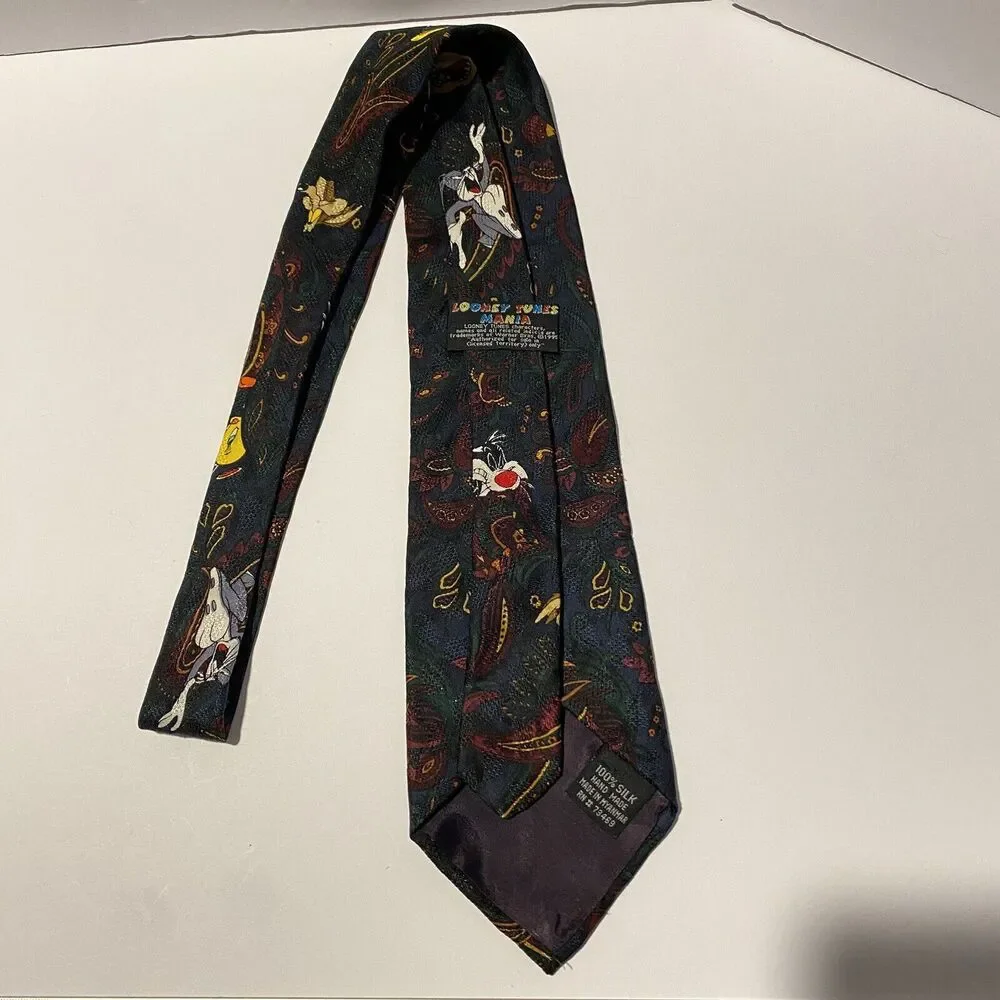 Vintage Looney Tunes Silk Tie Warner Bro Taz Daffy Bugz Sylvester‎ 90s Business